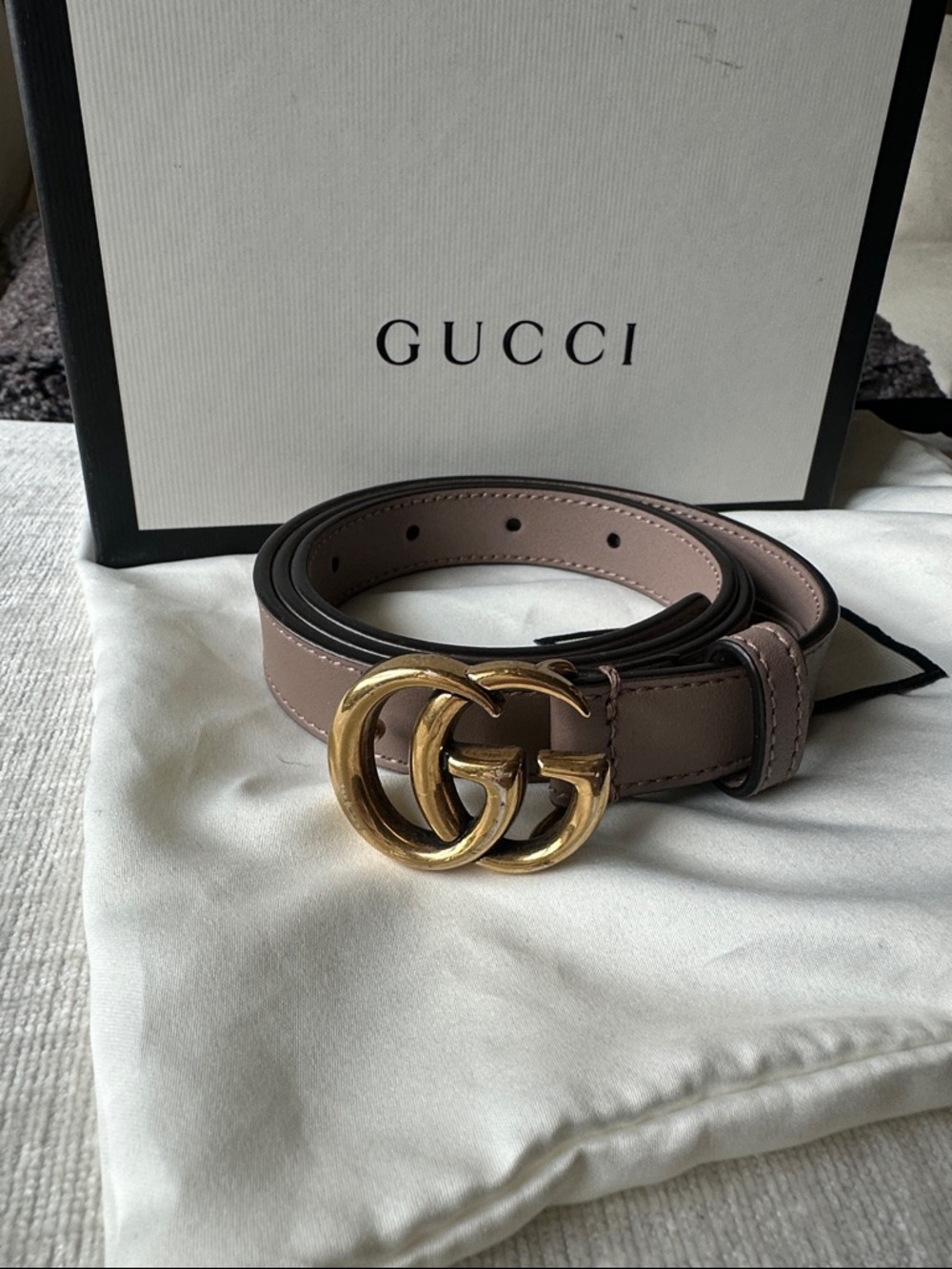 Gucci Mauve-Taupe Leather Belt with Gold Double G Buckle